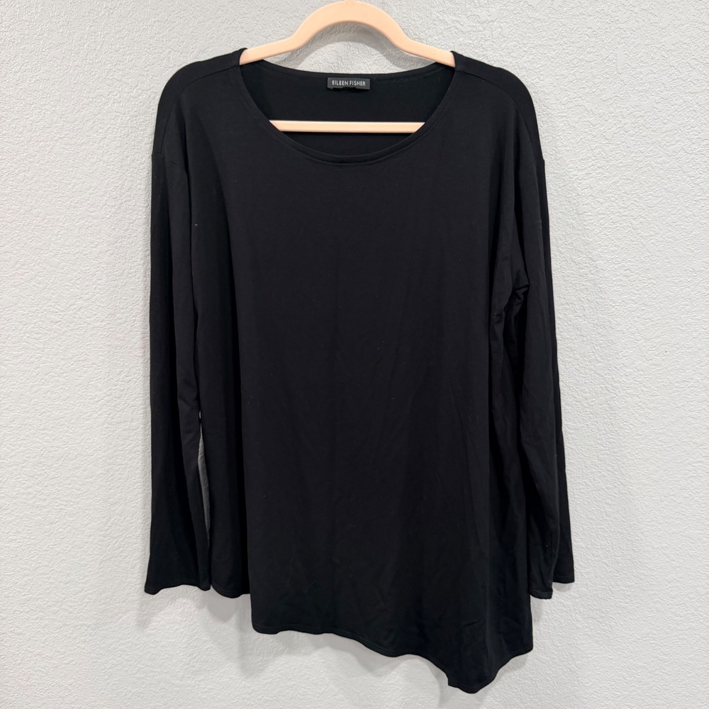 Eileen Fisher Womens L Black Asymmetrical Hem Long Sleeve Top Blouse Minimalist